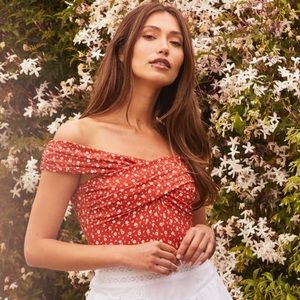 Lulus Red Floral Print Off-the-Shoulder Bodysuit